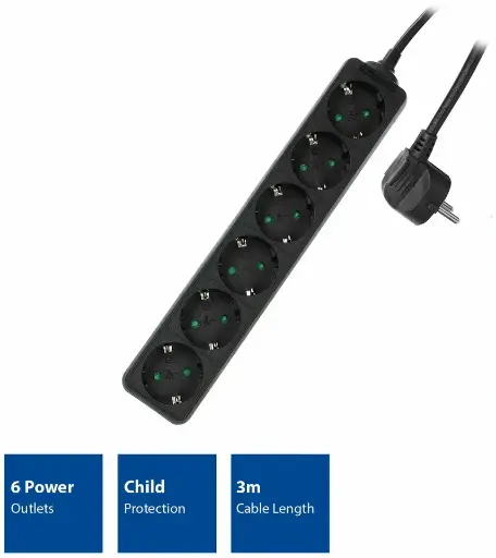 [AC2460] ACT Stekkerdoos, 6 sockets, 3 m, zwart